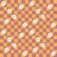 Groovy flower checkerboard pattern. Retro seamless pattern with simple flowers in 1970s style. Groovy background for Tshirt, poster, card and print. Doodle vector