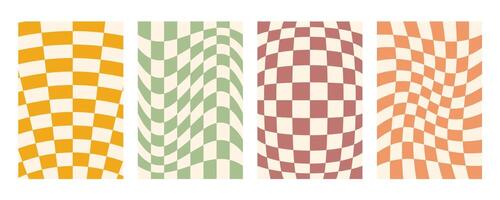 Groovy distorted checker board background set. Hand drawn groovy, hippie backgrounds. Distorted checker, warped streaks, fluid liquid wavy lines, doodle waves. Checkered rectangle templates collection vector