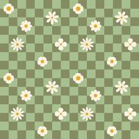 Green groovy flower checkerboard pattern. Retro seamless pattern with simple flowers in 1970s style. Groovy background for Tshirt, poster, card and print. Doodle vector