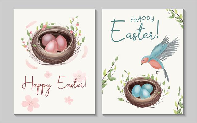 Elegant set of watercolour Easter posters with bird nest, pastel eggs, delicate floral elements and pastel colours. Perfect for greeting cards, spring decor, invitations and printables.