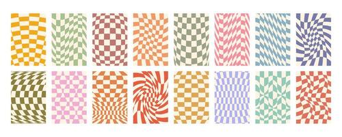 Groovy distorted checked background big set. Hand drawn groovy, hippie backgrounds. Distorted checker, warped streaks, fluid liquid wavy lines, doodle waves. Checker rectangle templates collection. vector