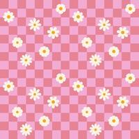 Pink groovy flower checkered pattern. Retro seamless pattern with simple flowers in 1970s style. Groovy background for Tshirt, poster, card and print. Doodle vector