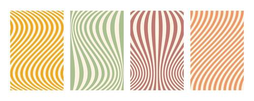 Groovy wave stripe set. Hand drawn groovy, hippie backgrounds. Distorted vertical stripes, warped streaks, fluid liquid wavy lines, doodle waves. Striped rectangle templates collection. vector