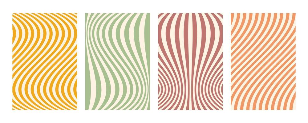 Groovy wave stripe set. Hand drawn groovy, hippie backgrounds. Distorted vertical stripes, warped streaks, fluid liquid wavy lines, doodle waves. Striped rectangle templates collection.