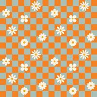 Orange and blue groovy flower checkered pattern. Retro seamless pattern with simple flowers in 1970s style. Groovy background for Tshirt, poster, card and print. Doodle vector