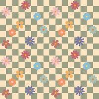 Green blue groovy flower checkered pattern. Retro seamless pattern with simple flowers in 1970s style. Groovy background for Tshirt, poster, card and print. Doodle vector
