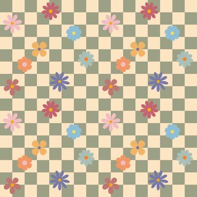 Green blue groovy flower checkered pattern. Retro seamless pattern with simple flowers in 1970s style. Groovy background for Tshirt, poster, card and print. Doodle