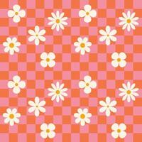 Red and pink groovy flower checkered pattern. Retro seamless pattern with simple flowers in 1970s style. Groovy background for Tshirt, poster, card and print. Doodle vector