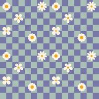 Purple groovy flower checkered pattern. Retro seamless pattern with simple flowers in 1970s style. Groovy background for Tshirt, poster, card and print. Doodle vector