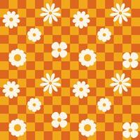 Red and orange groovy flower checkered pattern. Retro seamless pattern with simple flowers in 1970s style. Groovy background for Tshirt, poster, card and print. Doodle vector