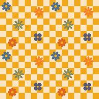 Yellow groovy flower checkered pattern. Retro seamless pattern with simple flowers in 1970s style. Groovy background for Tshirt, poster, card and print. Doodle vector
