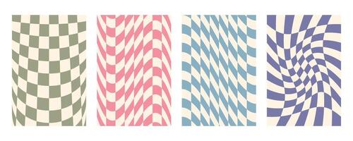 Groovy distorted checkerboard background set. Hand drawn groovy, hippie backgrounds. Distorted checker, warped streaks, fluid liquid wavy lines, doodle waves. Checkered rectangle templates collection. vector