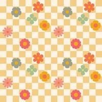 Light yellow groovy flower checkered pattern. Retro seamless pattern with simple flowers in 1970s style. Groovy background for Tshirt, poster, card and print. Doodle vector