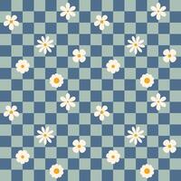 Blue groovy flower checkered pattern. Retro seamless pattern with simple flowers in 1970s style. Groovy background for Tshirt, poster, card and print. Doodle vector