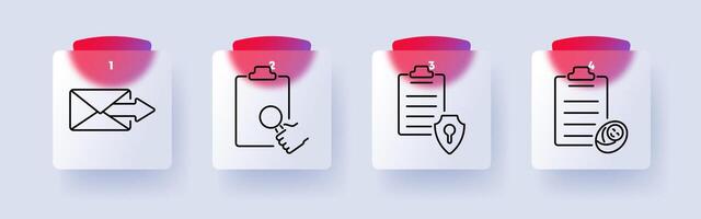 Business and security set icon. Email forwarding, document review, privacy policy, financial statement vector