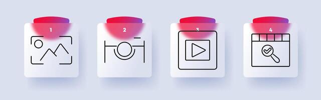 Multimedia and photography set icon. Image, camera, player, clapperboard search. vector