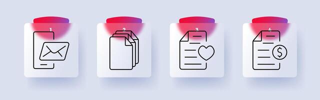Communication and documents set icon. Mobile email, document archive, heart file, financial report vector