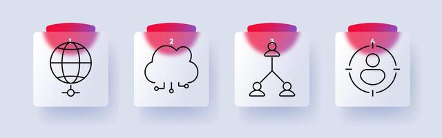 Network and communication set icon. Global connection, cloud computing, hierarchy, user focus, internet, data exchange, digital networking, leadership, online services vector