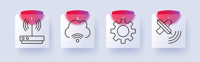 Network and connectivity set icon. Wi-Fi router, cloud connection, gear settings, satellite signal, wireless technology, data transfer, communication vector