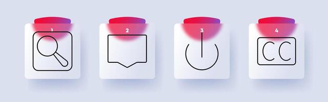 User interface set icon. Search, bookmark, power button, closed captions, navigation, accessibility, settings, interaction, digital tools vector