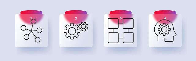 Technology and system set icon. Network, gears, workflow, AI, automation, innovation, development, digital process, intelligence vector