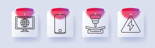 Digital and industrial technology set icon. Global network, smartphone, industrial manufacturing, electrical warning, online systems, mobile technology, automation, safety vector