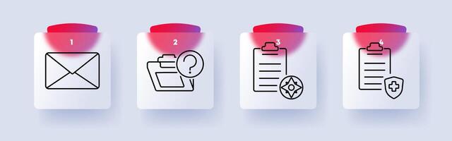Documentation and communication set icon. Email, file folder with question mark, clipboard with compass, medical report, documents, organization, messaging vector