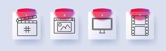 Digital media set icon. Clapperboard, webpage image, desktop screen, film strip, multimedia, content creation, entertainment, editing vector