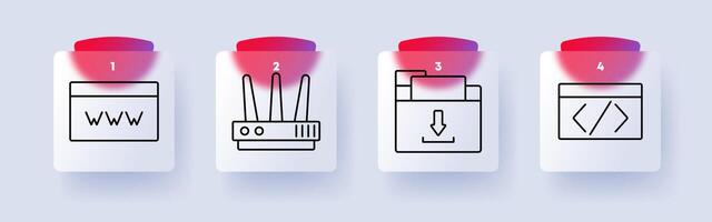 Web and coding set icon. Internet browser, Wi-Fi router, file download, coding interface, web development, programming, online security, digital services, software vector