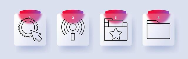 Technology and data management set icon. Settings, wireless signal, favorite folder, file management, data organization, system control, online access, digital tools vector
