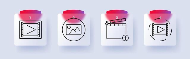 editing and content creation set icon. Play button, image file, clapperboard with plus sign, processing, multimedia, streaming, filmmaking, digital media vector