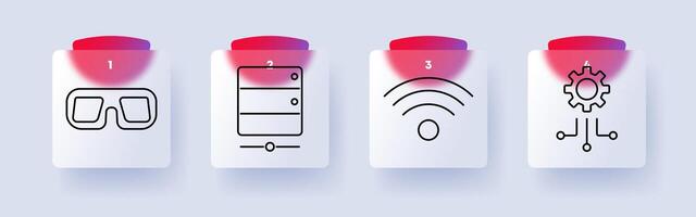Technology and innovation set icon. VR glasses, server, Wi-Fi signal, gear system, digital innovation, connectivity, data storage, automation vector