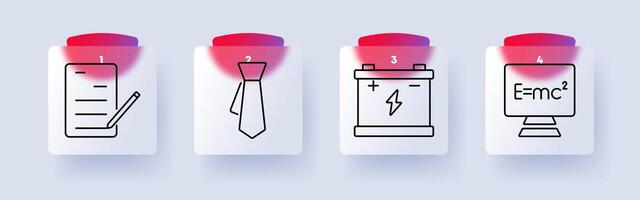 Education and business set icon. Document writing, tie, battery, physics formula. vector