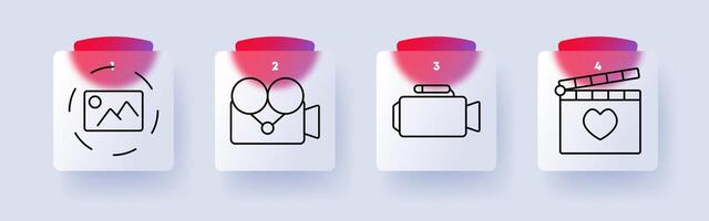 and media production set icon. Image processing, vintage camera, recording, clapperboard with heart, filmmaking, multimedia, content creation vector