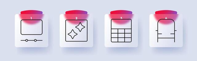 Display and layout set icon. Screen adjustment, sparkle effect, grid structure, seat arrangement, digital display, customization, UI design, user experience, organization vector