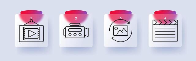 Media production set icon. player, camera, image processing, clapperboard, filmmaking, content creation, editing, multimedia vector