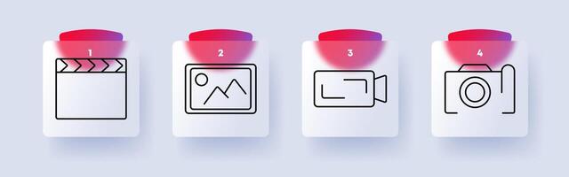 Media set icon. Clapperboard, framed image, camera, photo camera, filmmaking, photography, digital content, visual arts, entertainment, recording vector