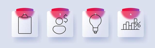 Business set icon. Clipboard, user with dollar sign, lightbulb, bar chart with percentage, management, finance, analytics, strategy, statistics, innovation vector