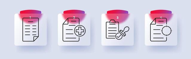 Document set icon. Paper sheet, medical document, clipboard with pacifier, report with circular focus, paperwork, healthcare, records, official files, information vector