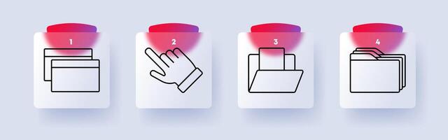 File management set icon. Windows, hand gesture, open folder, multiple files, system, organization, digital, data storage, user interface, access. vector