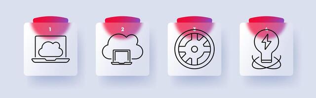 Cloud computing set icon. Laptop with cloud, cloud storage, gear settings, innovation, online data, internet, technology, digital solutions, IT infrastructure. vector
