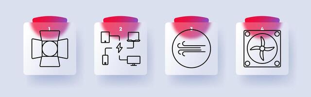 Engineering set icon. Studio light, electrical network, airflow, cooling fan, ventilation, system, technology, hardware, electricity, mechanics, infrastructure vector