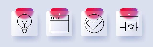 Interface set icon. Lightbulb, idea, browser, checkmark, favorite, inspiration, web, design, online, solution, task, verification, quality, internet, confirmation, settings vector