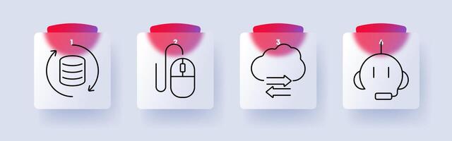 Technology set icon. Database sync, computer mouse, cloud data transfer, chatbot, digital storage, internet, AI, computing, automation, cloud technology vector
