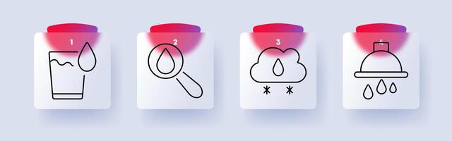 Water set icon. Glass with drop, magnifying glass, cloud with raindrop, serving dish with drops, hydration, weather, filtration, clean water, sustainability vector