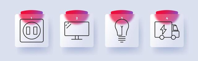 Technology and electricity set icon. Power socket, computer monitor, light bulb, electric truck, innovation, energy consumption, digital devices, modern industry vector