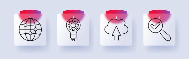 Technology set icon. Global network, lightbulb with gear, cloud upload, magnifying glass with checkmark, innovation, internet, analytics, smart solutions, connectivity vector