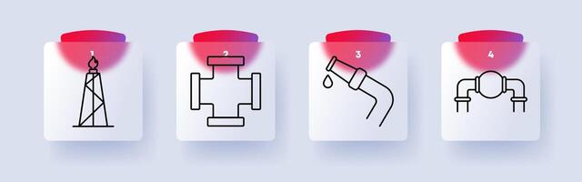 Oil industry set icon. Oil rig, pipeline intersection, fuel nozzle with drop, pipeline system, petroleum, energy, extraction, gas infrastructure, industry vector