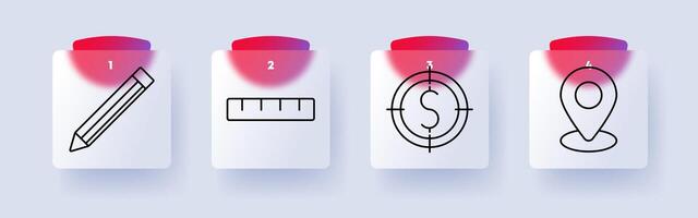 Design set icon. Pencil, ruler, target with dollar sign, location pin, drawing, measurement, finance, precision, planning, navigation, strategy vector