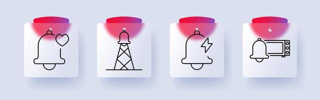 Alert set icon. Bell, favorite, transmission tower, electricity, notification, emergency, power, broadcast, warning, love, energy, signal, radio, support, TV vector